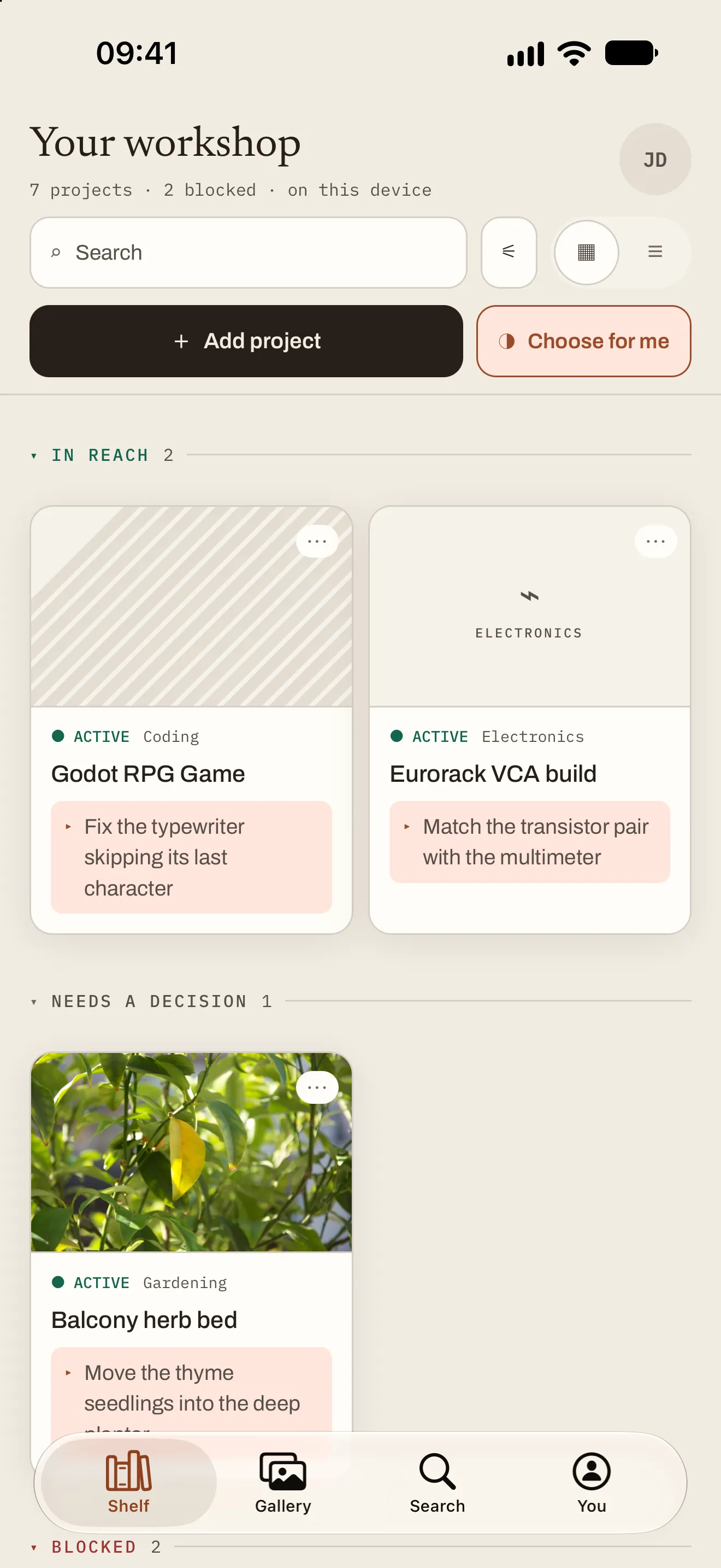 The Stillmaking shelf, “Your workshop”: projects in reach, one needing a decision, each card with its state and next step