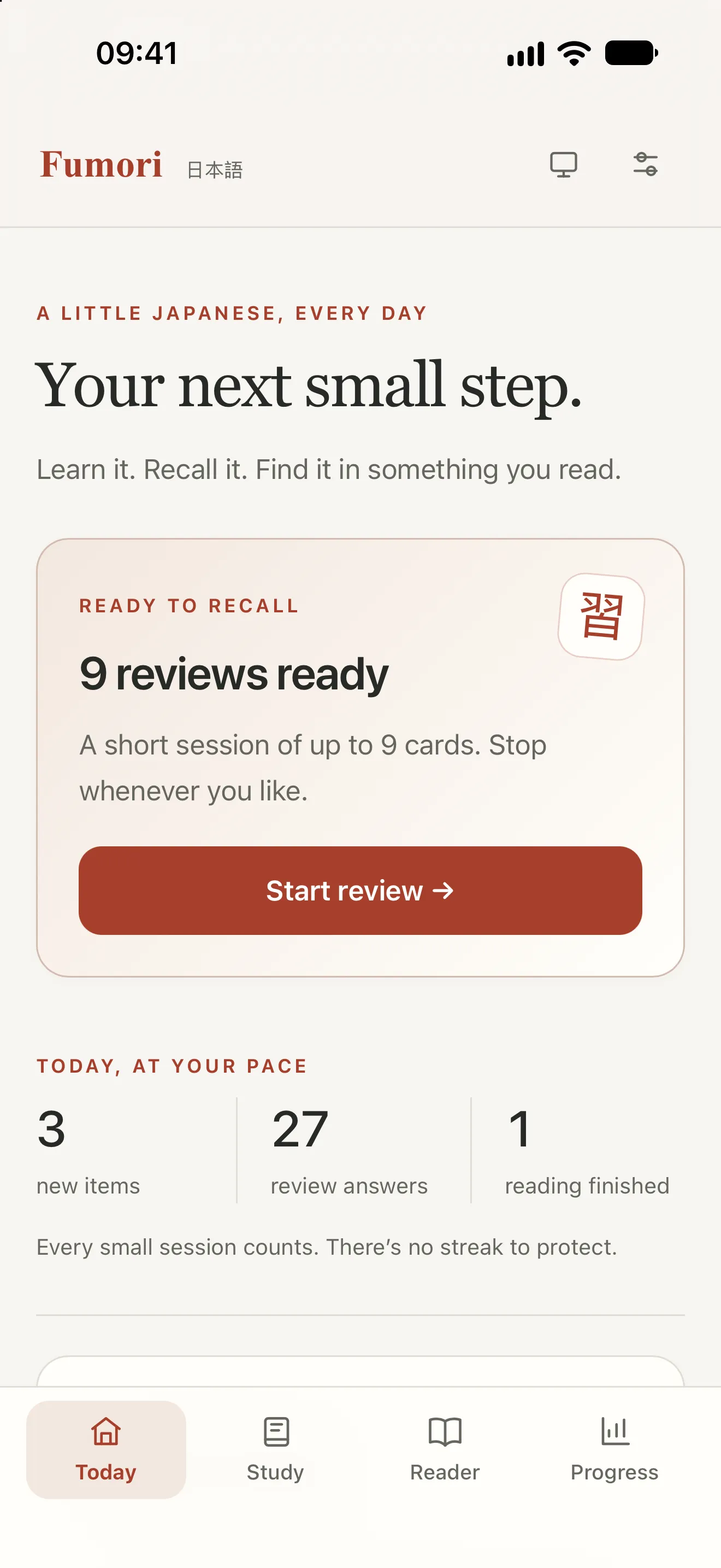 Fumori’s Today screen: “Your next small step.”, with 9 reviews ready