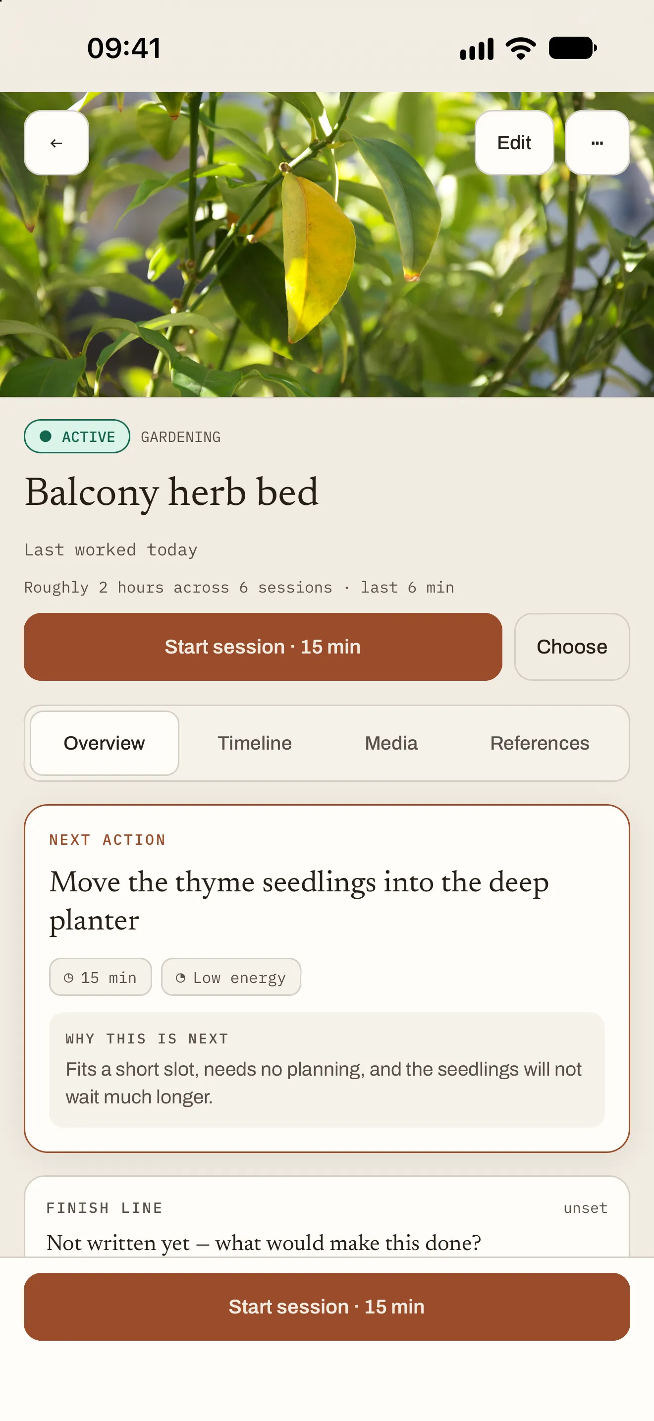 A Stillmaking project, Balcony herb bed, with its photo, next action and why it’s next