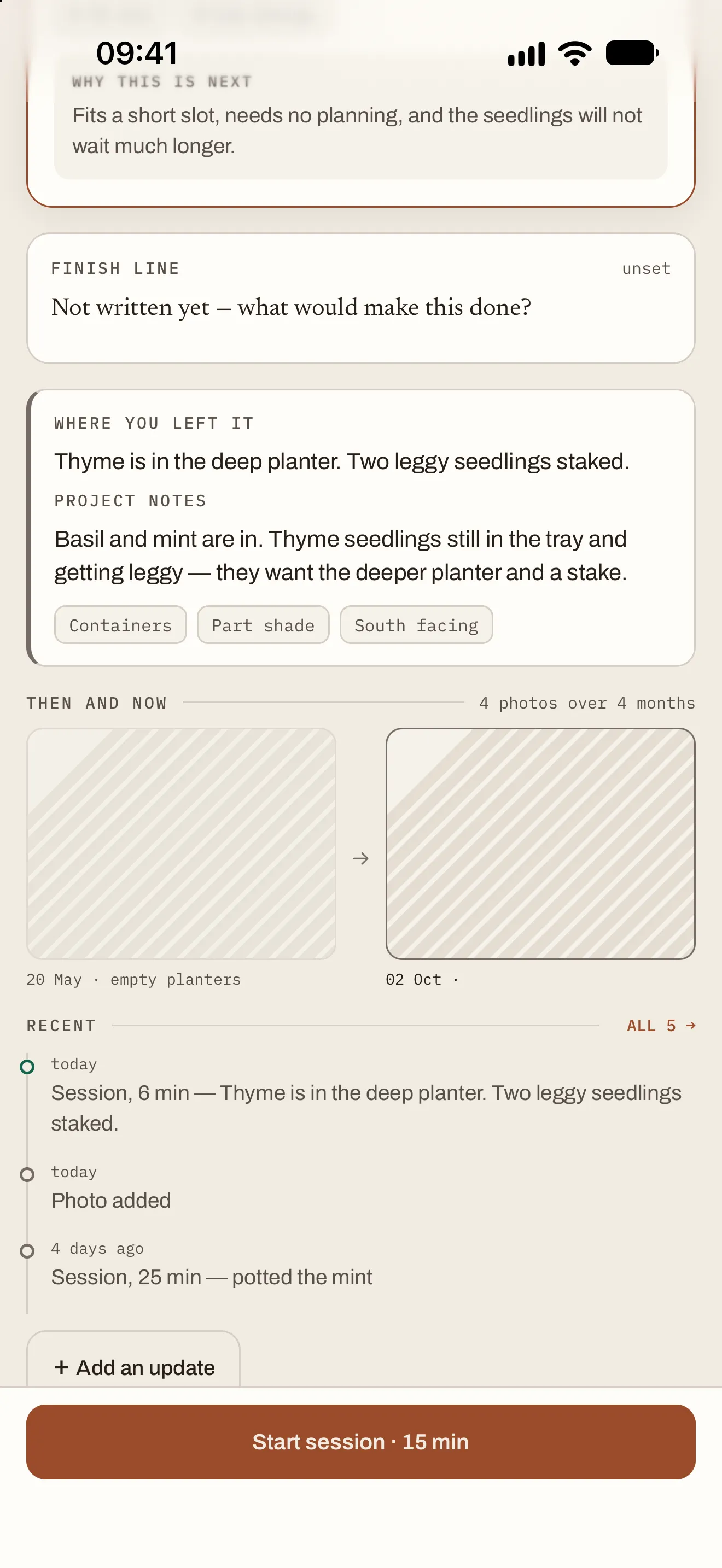 Stillmaking project detail scrolled to “Where you left it: Thyme is in the deep planter. Two leggy seedlings staked.”, project notes, Then and now photos and the recent log