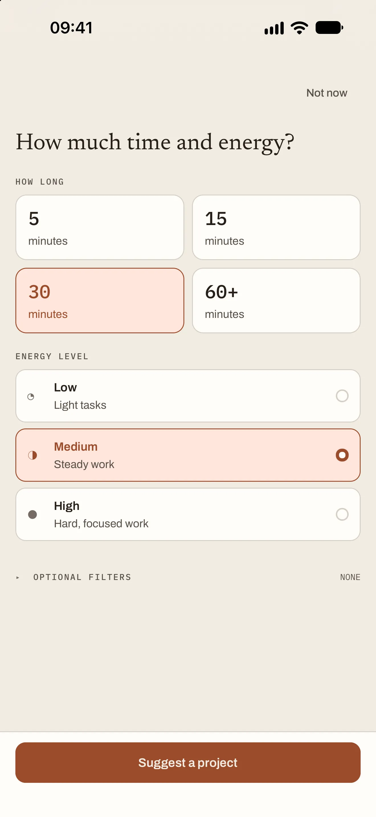 Stillmaking’s “How much time and energy?” screen with 30 minutes and medium energy chosen