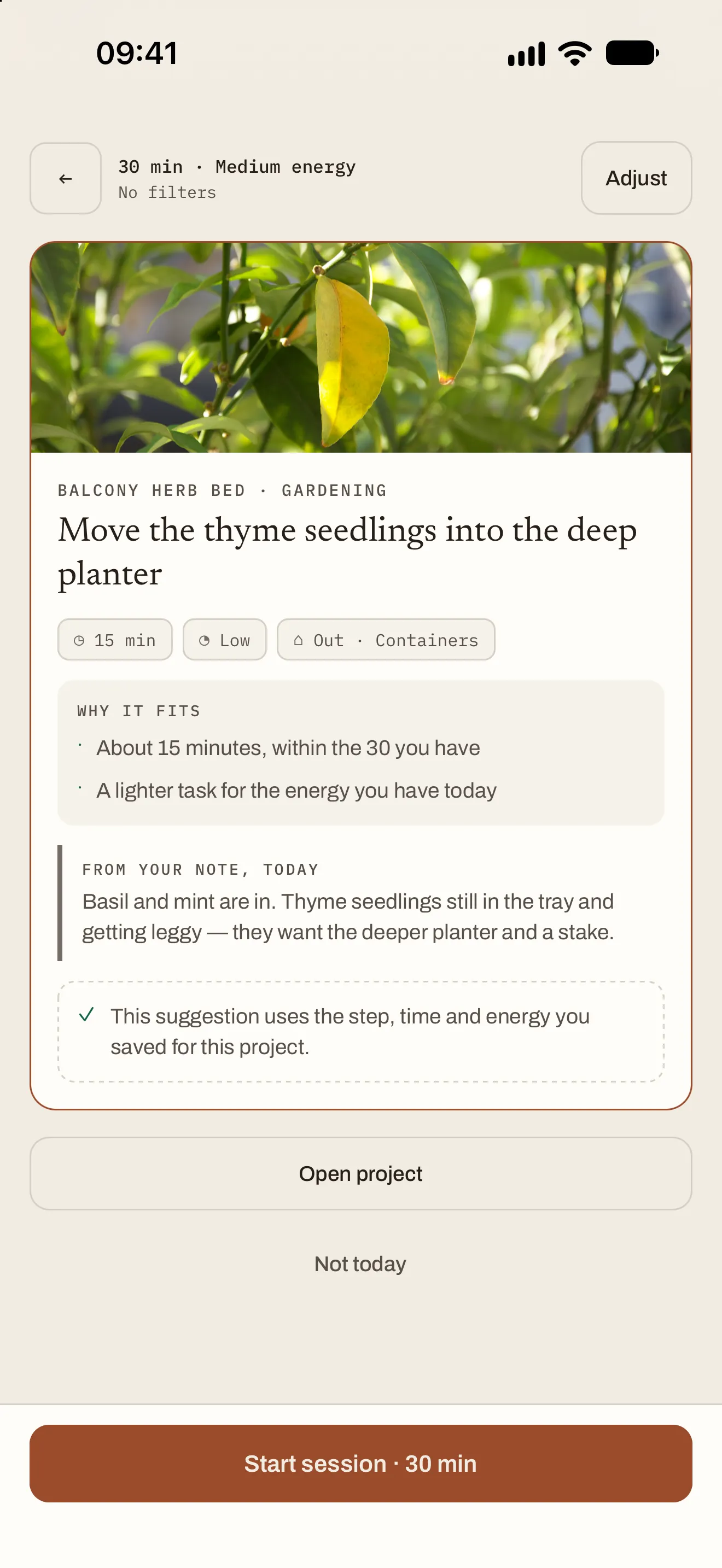 A suggestion: move the thyme seedlings into the deep planter. Why it fits: about 15 minutes, within the 30 you have, and a lighter task for the energy you have today