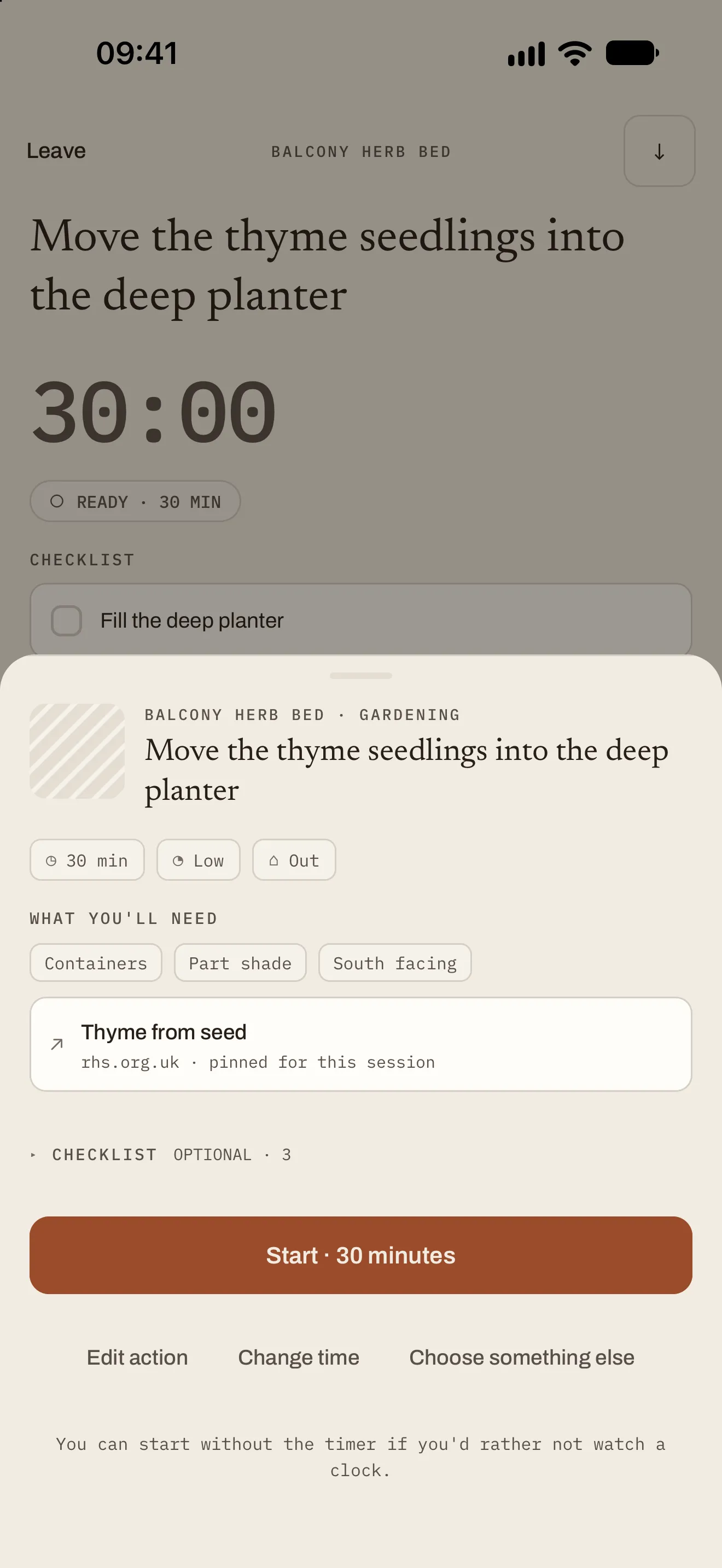 Before a Stillmaking session: the step, 30 minutes at low energy, what you’ll need, a pinned reference and a Start button
