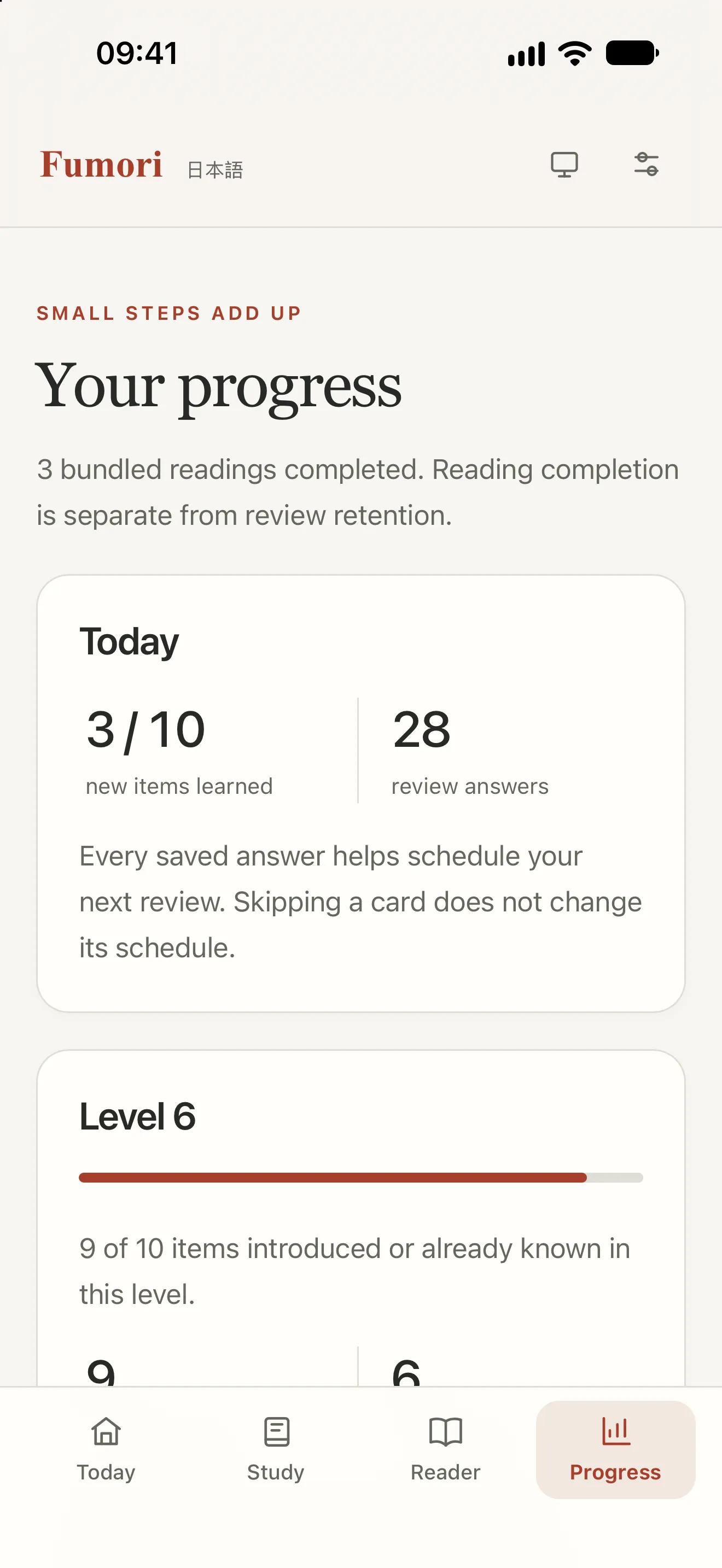 Fumori’s Progress screen: 3 of 10 new items learned today, 28 review answers, and Level 6 progress
