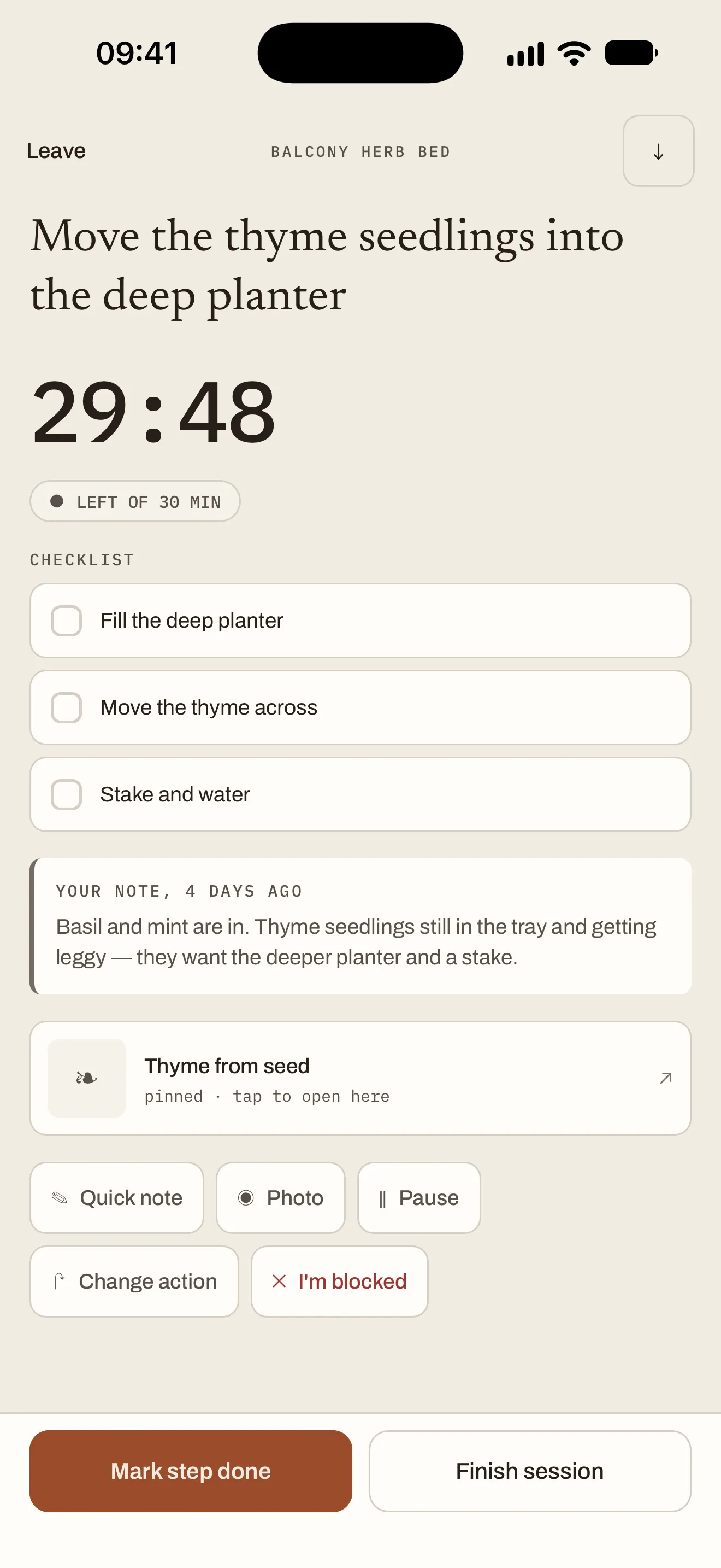 A Stillmaking session in progress: 29:48 left of 30 minutes, the checklist, your last note and tools for notes, photos and blockers
