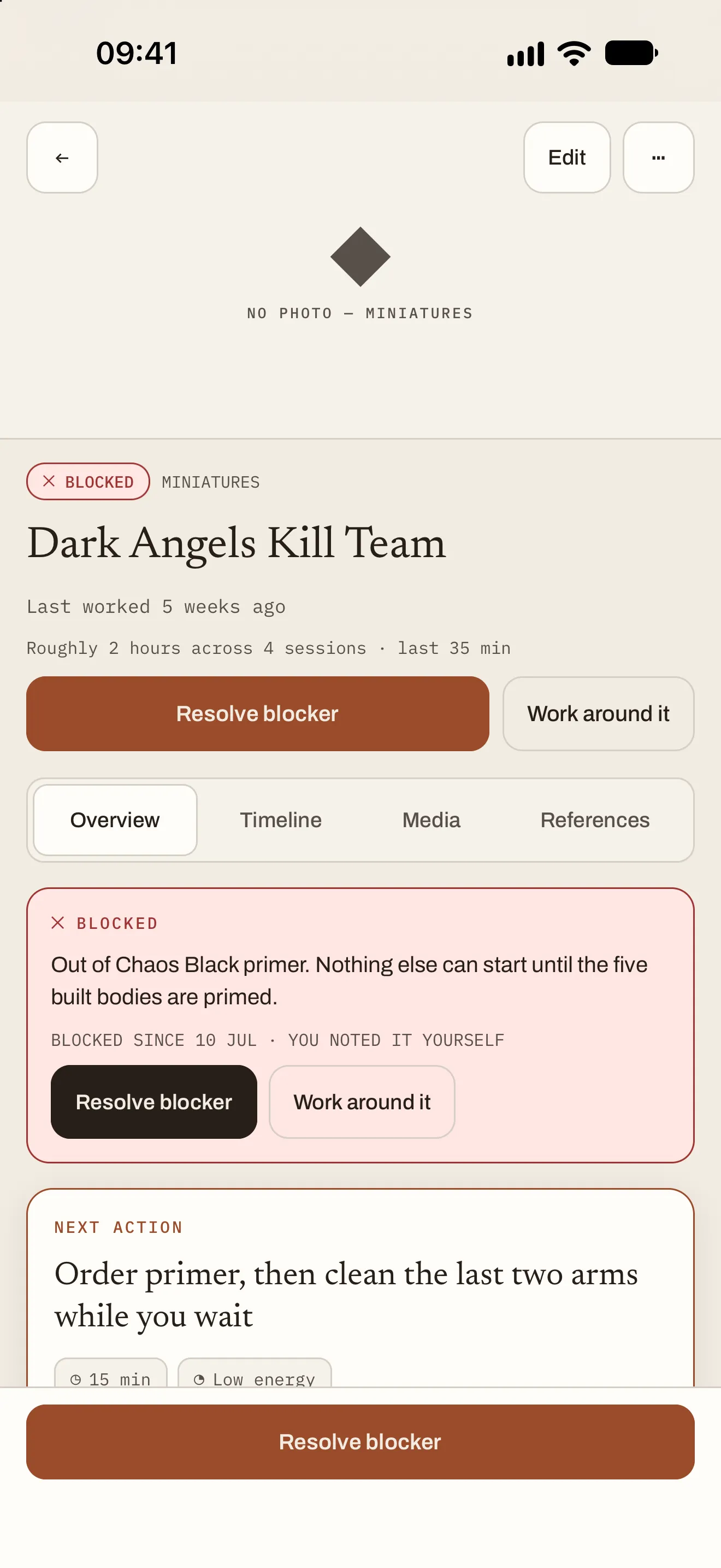 A blocked Stillmaking project, Dark Angels Kill Team: out of Chaos Black primer, with Resolve blocker and Work around it