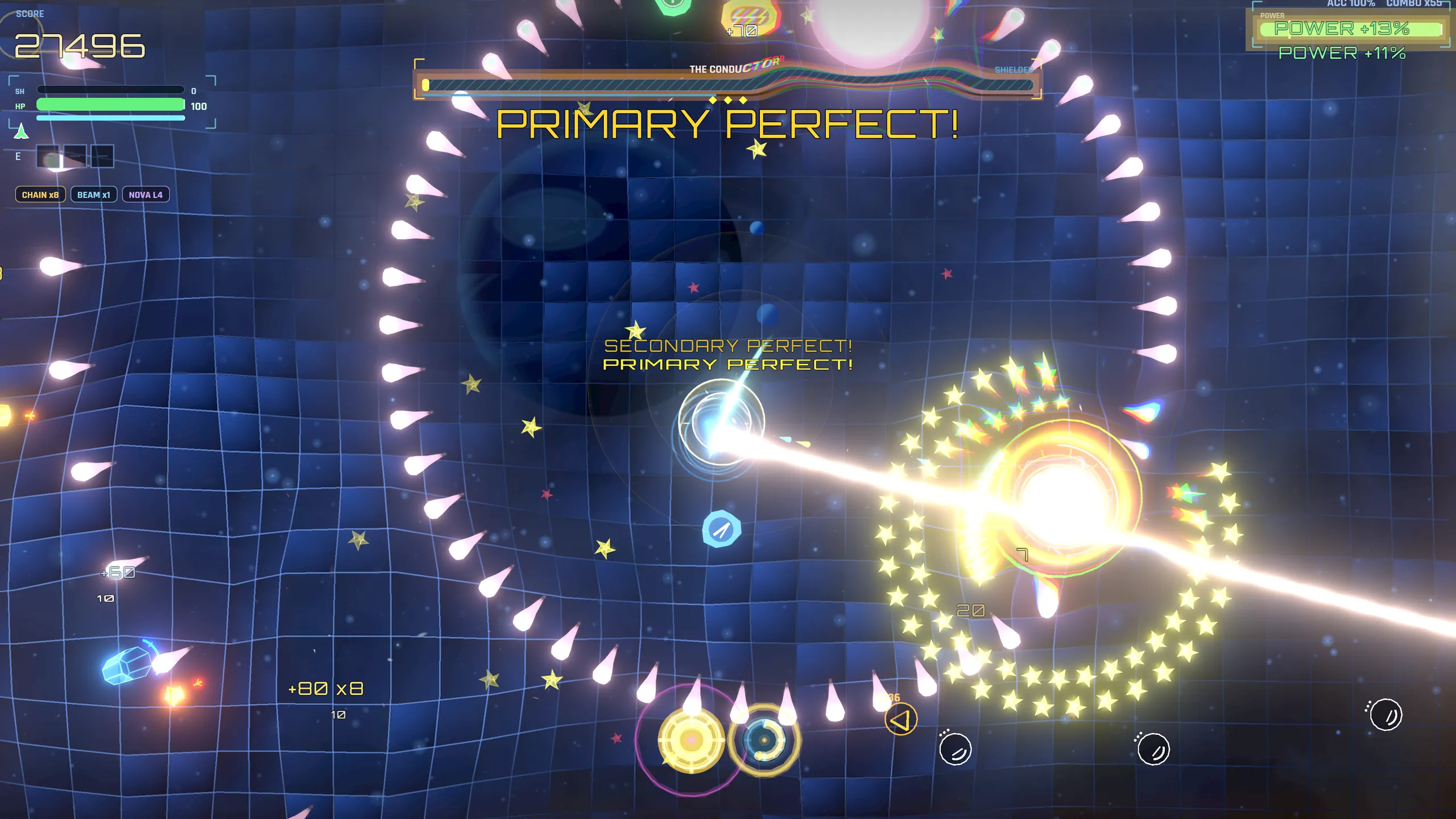 Vectorhythm boss fight: The Conductor unleashing a spiral of bullets on a warped grid