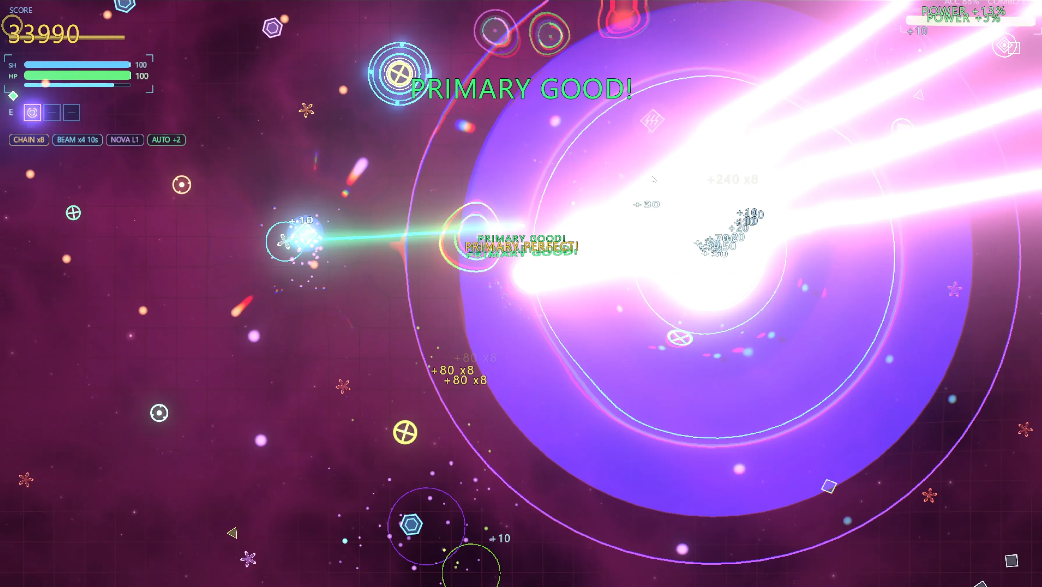 Vectorhythm: a bright energy blast tearing across a purple nebula