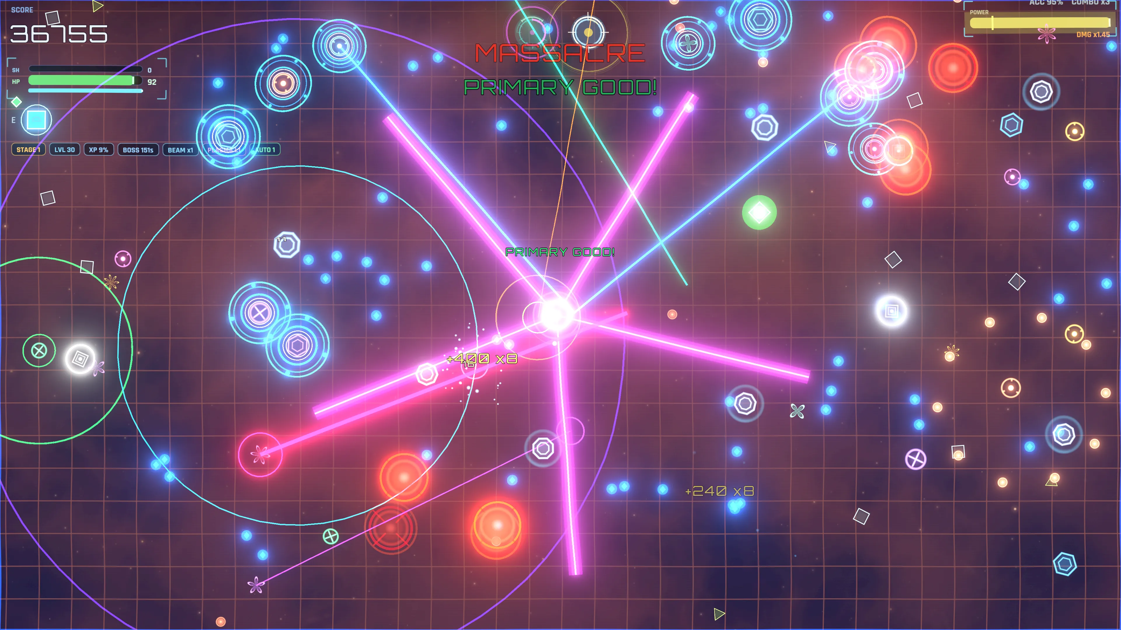 Vectorhythm: a six-way beam spread cutting through a swarm of blue and red enemies