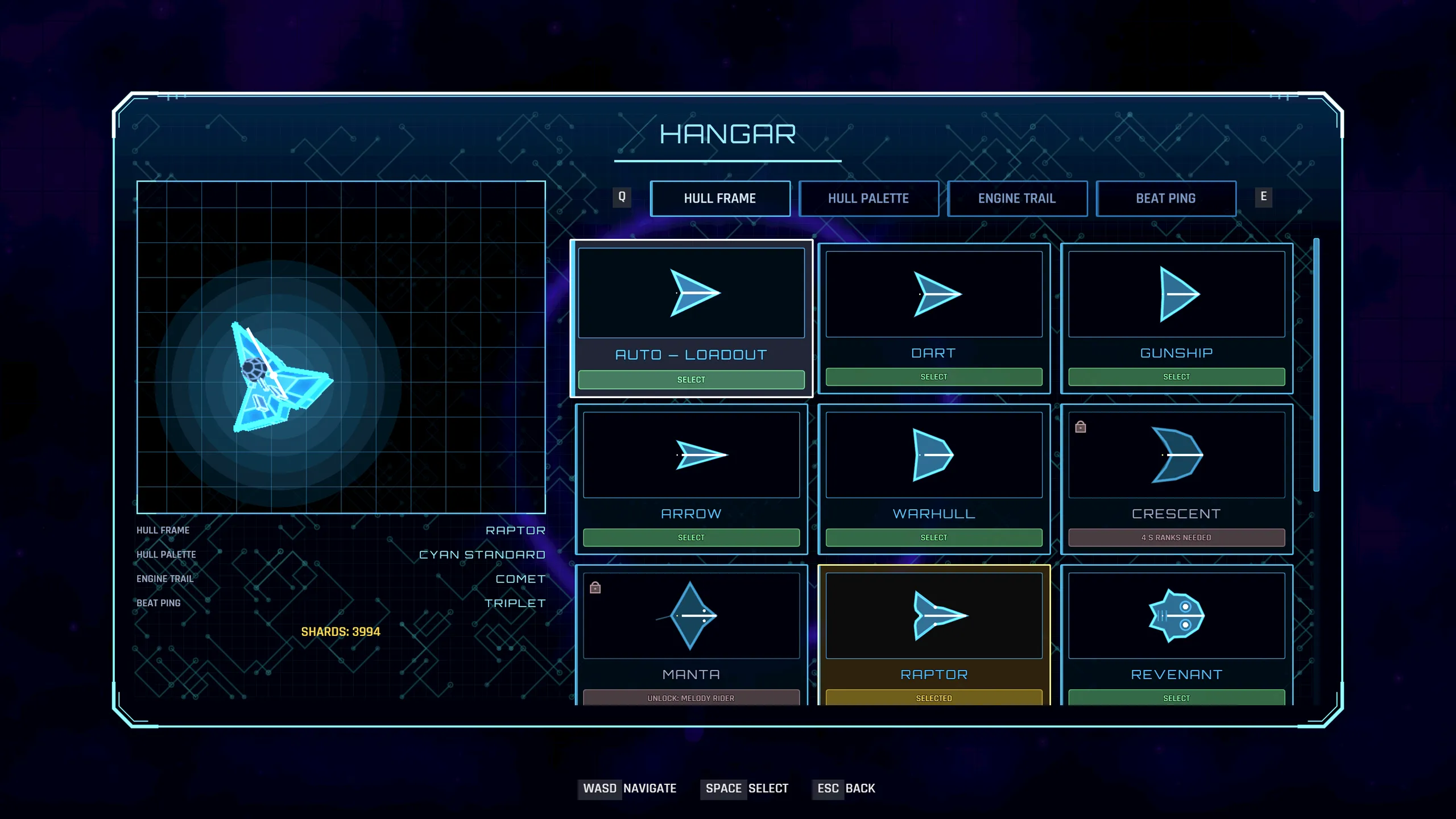 Vectorhythm's Hangar screen for choosing ship hull frames