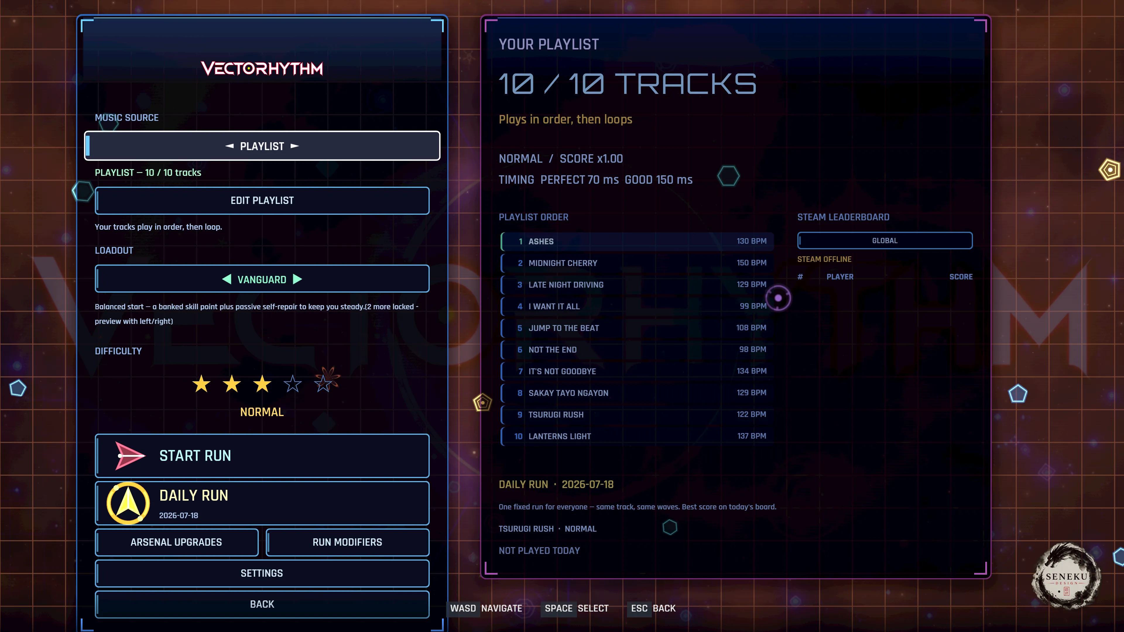 Vectorhythm Survivors setup screen: a 10-track playlist, loadout, difficulty and Steam leaderboard