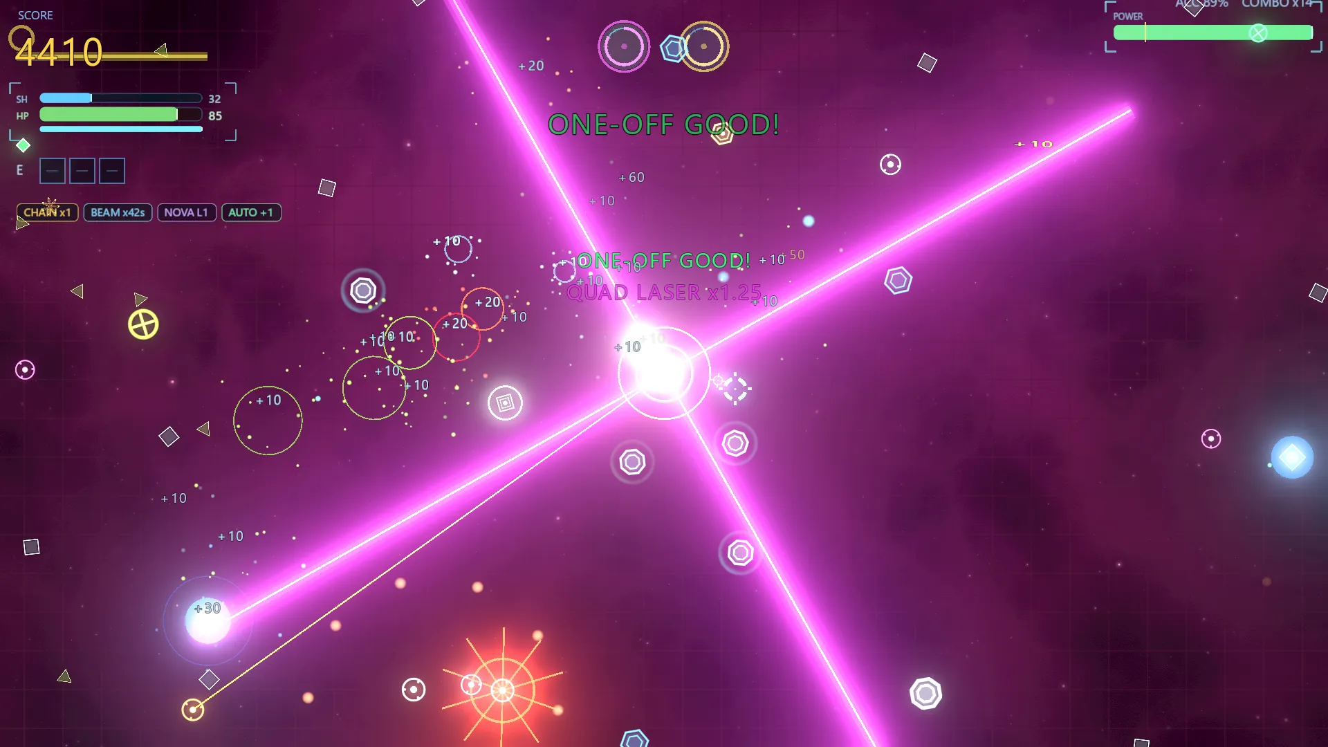 Vectorhythm gameplay: a quad-laser starburst detonating across a magenta arena