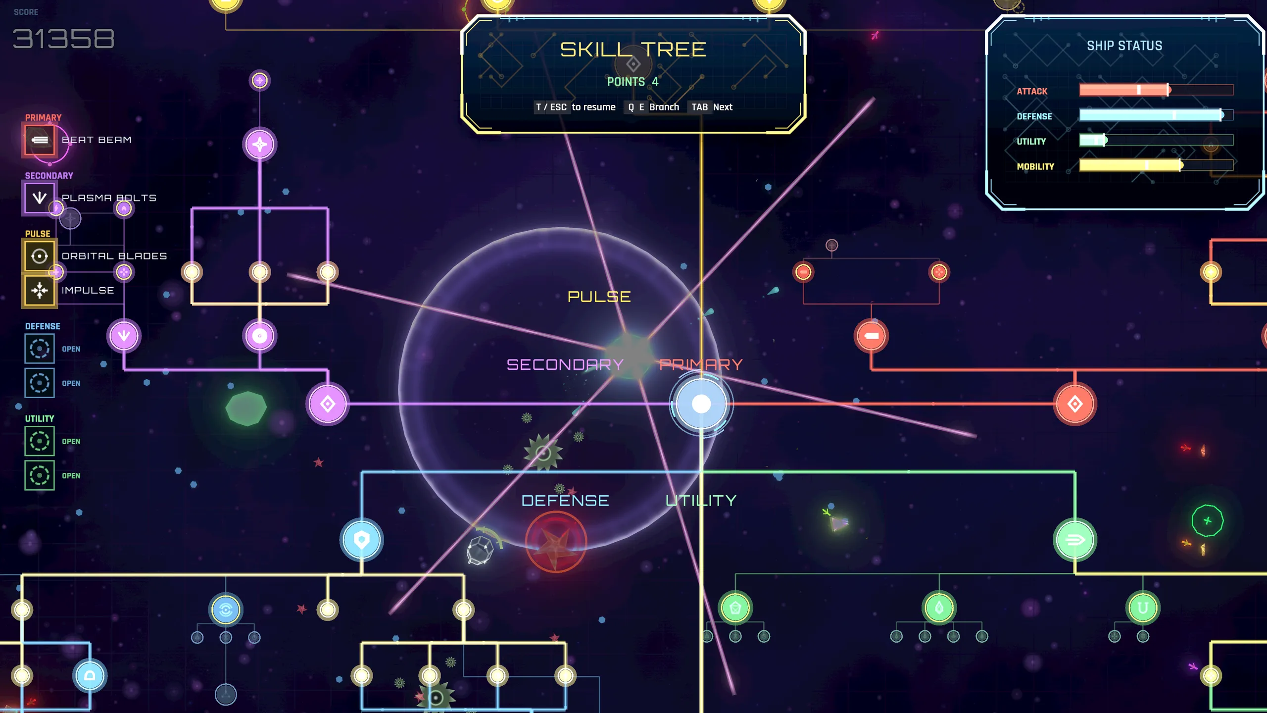 Vectorhythm's Survivors skill tree with the ship-status panel