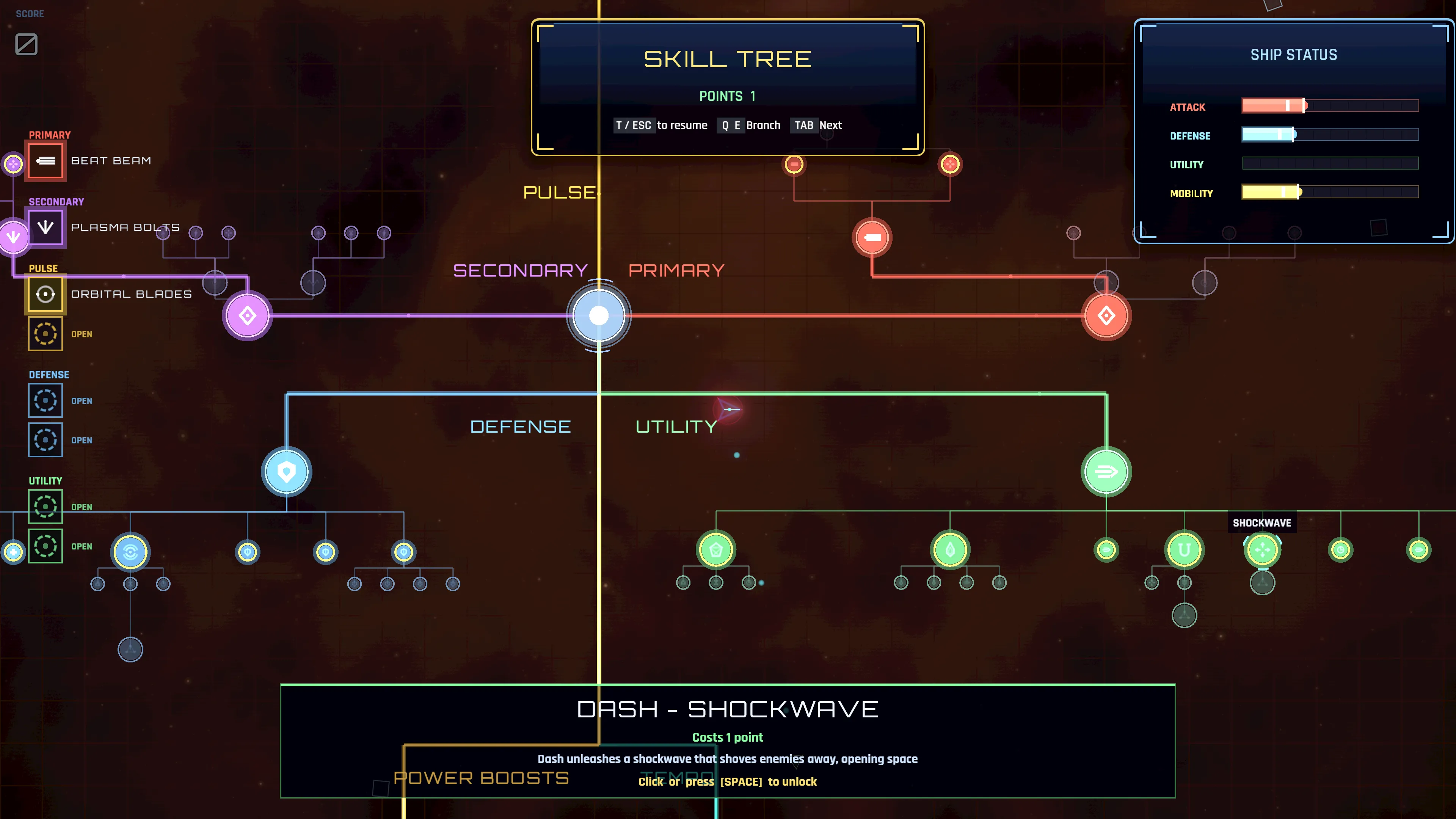 Vectorhythm's Survivors skill tree branching into primary, secondary, defense and utility nodes