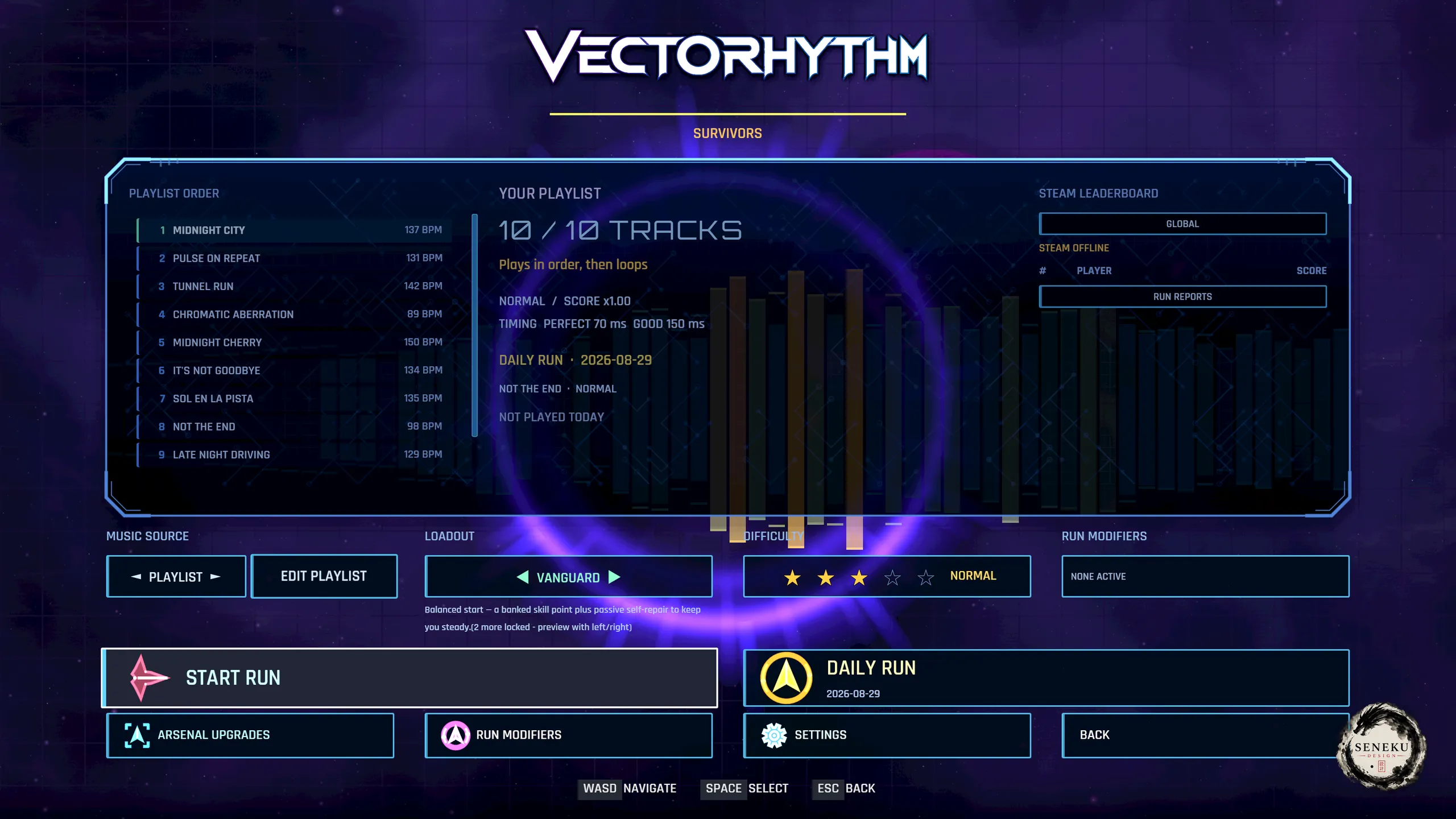 Vectorhythm Survivors setup: a 10-track playlist, loadout, difficulty and Steam leaderboard